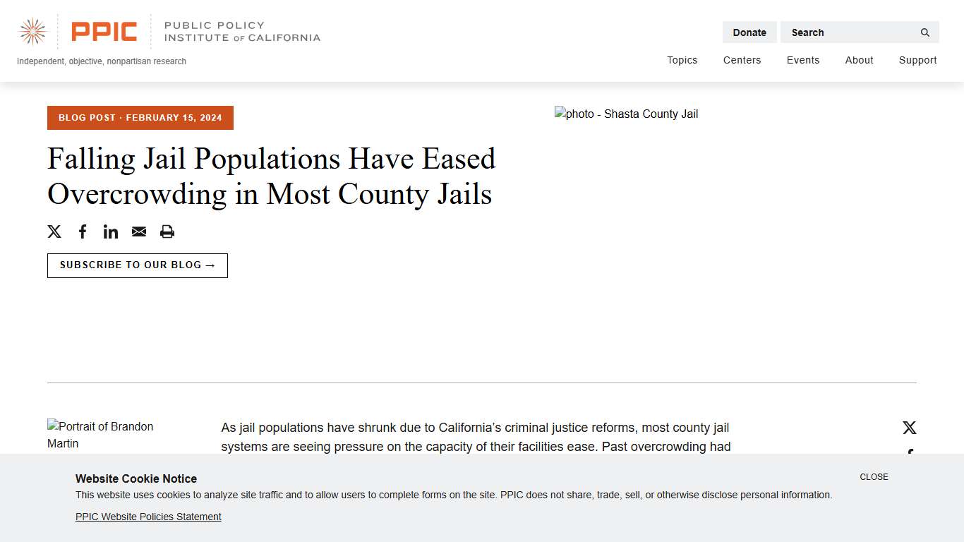 Falling Jail Populations Have Eased Overcrowding in Most County Jails - Public Policy Institute of California